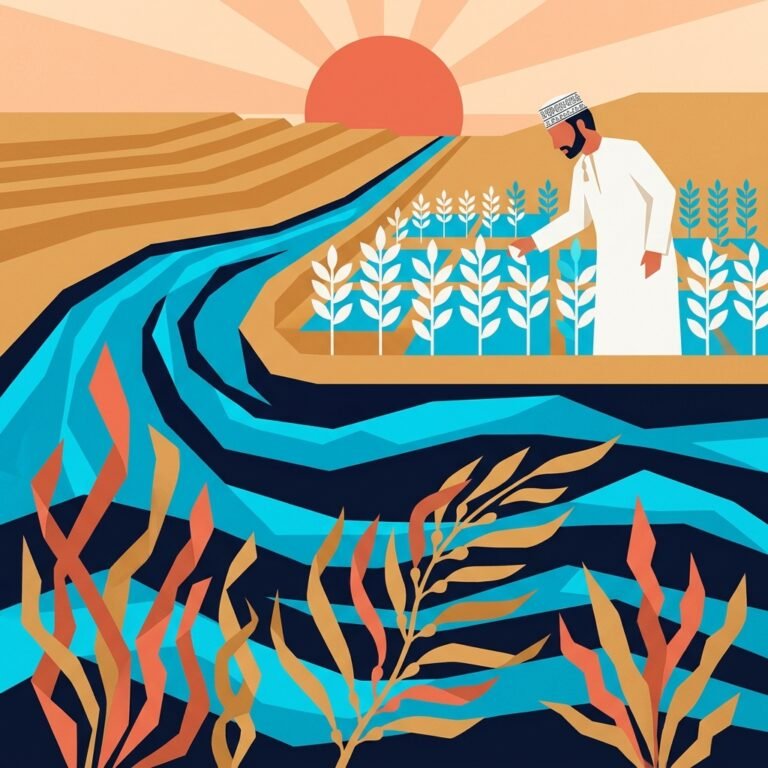 Swiss editorial screenprint illustration connecting Omani marine algae currents to thriving desert crops, celebrating Firdaws Biotechnology's first-place win at the World Food Forum