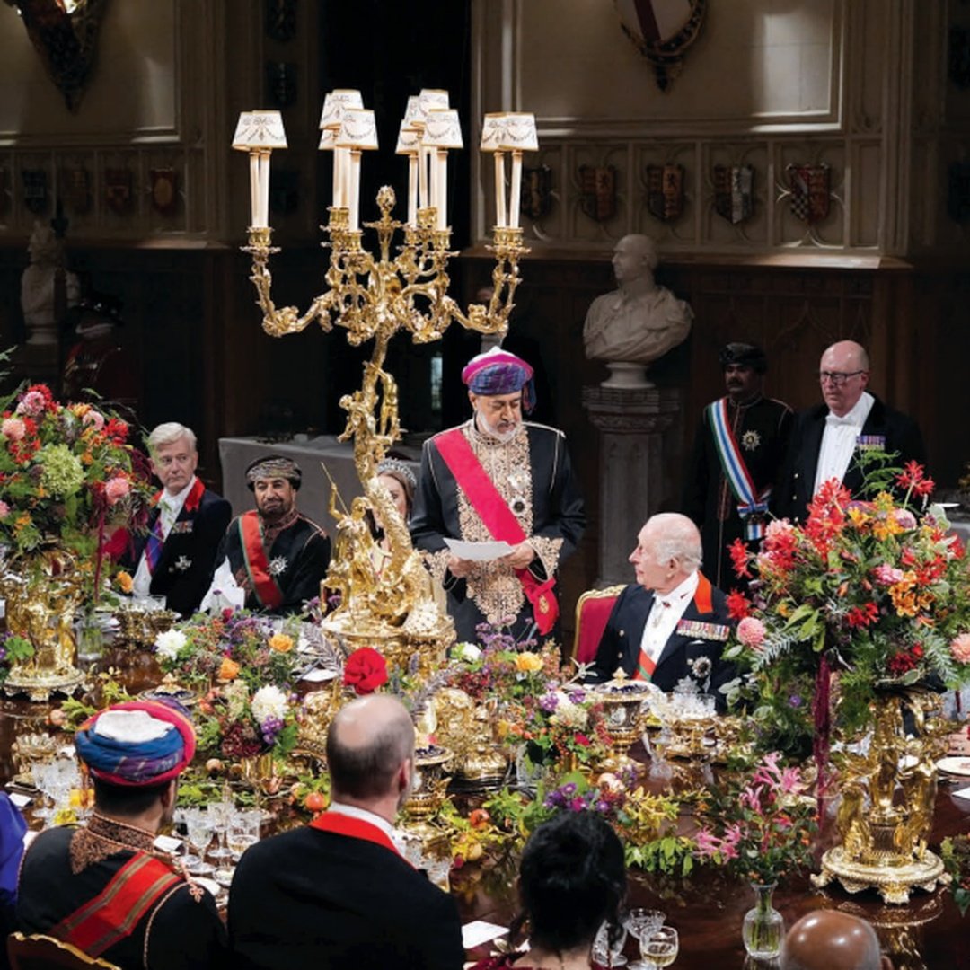 His Majesty Sultan Haitham bin Tarik delivering his speech alongside King Charles III during the State Banquet at Windsor Castle